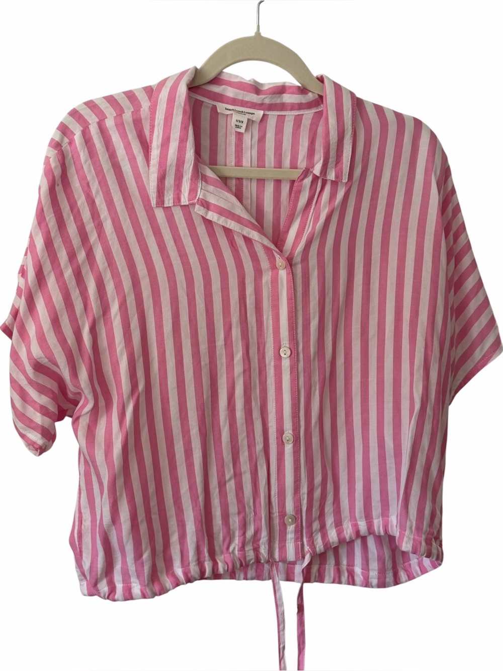 beachlunchlounge Pink White Striped Button Front Drawstring Crop Top Medium